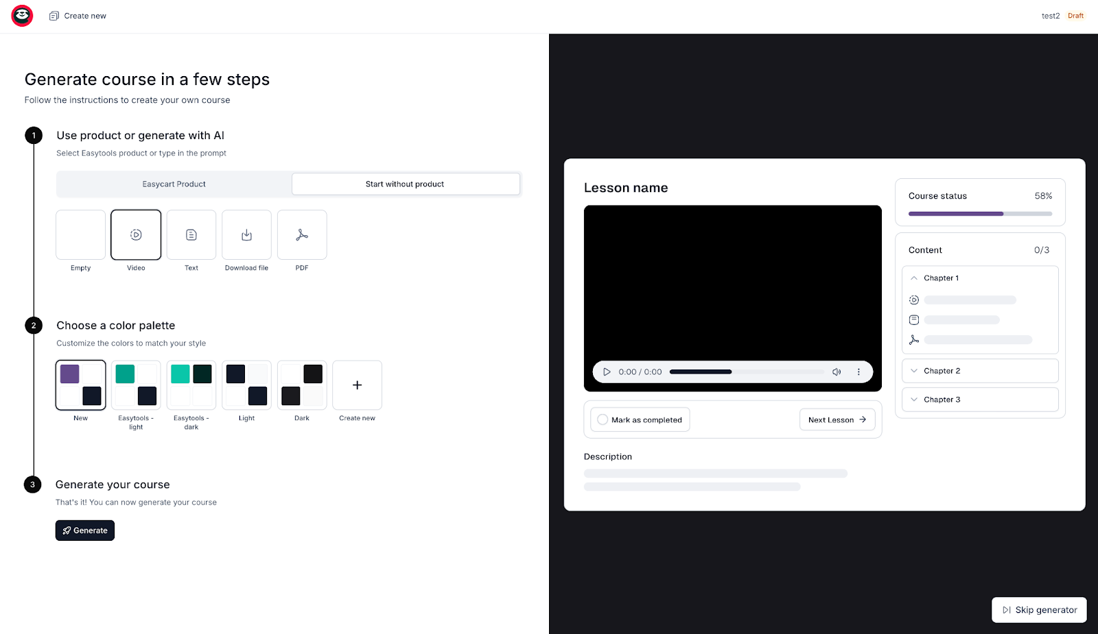 Easytools course creation quick wizard