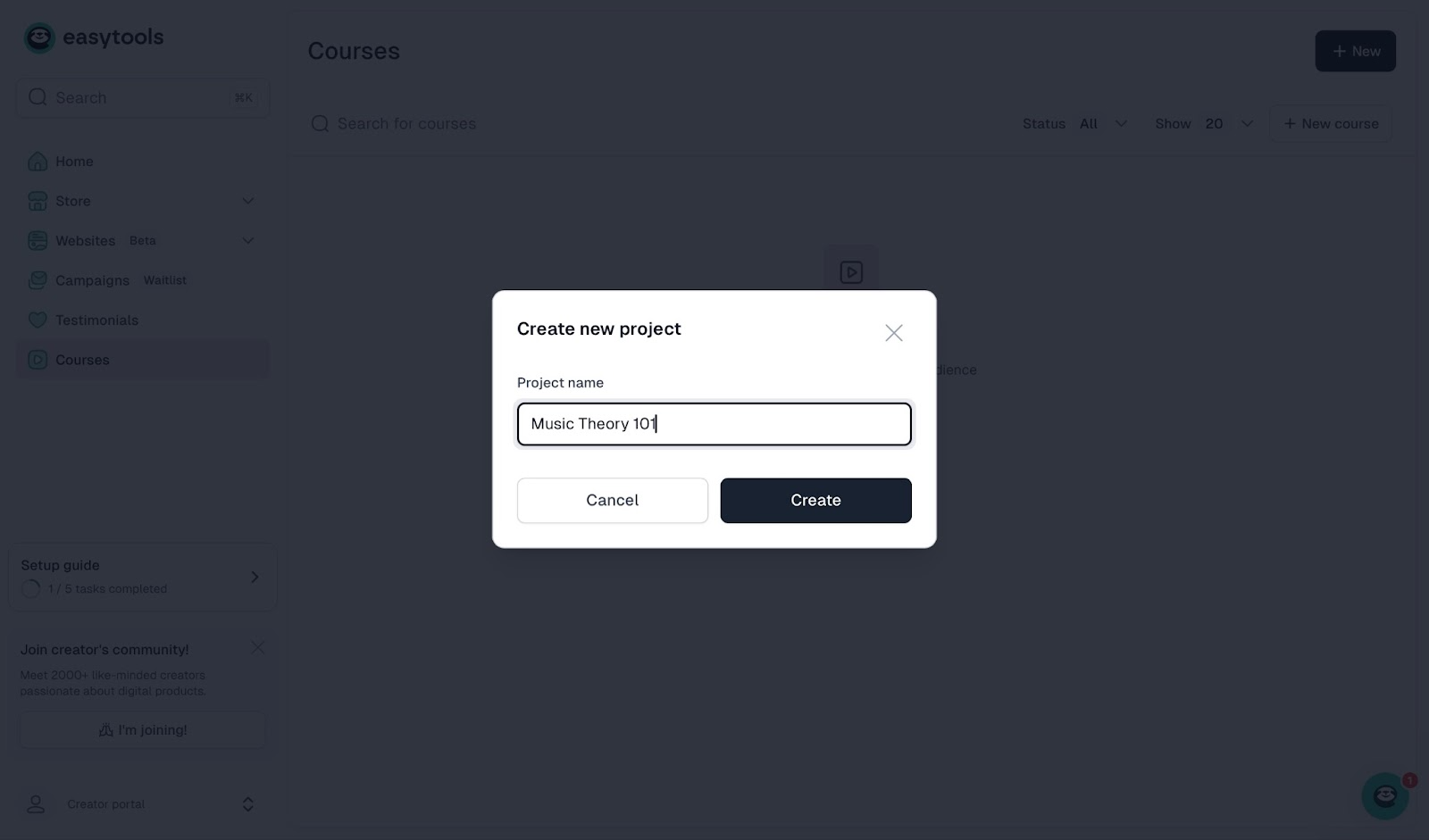 Interface to name a new course project