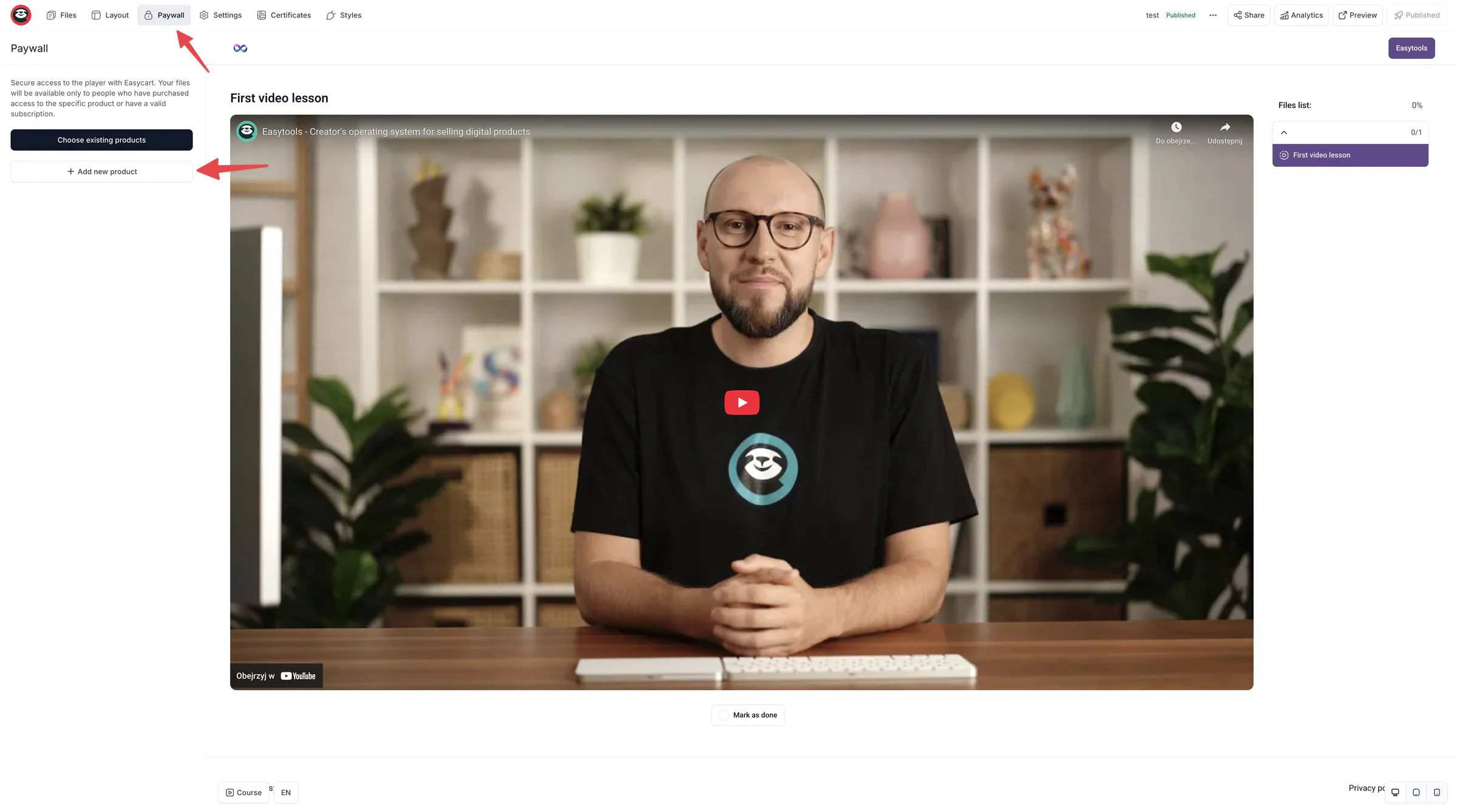 Easytools paywall feature to protect online course access