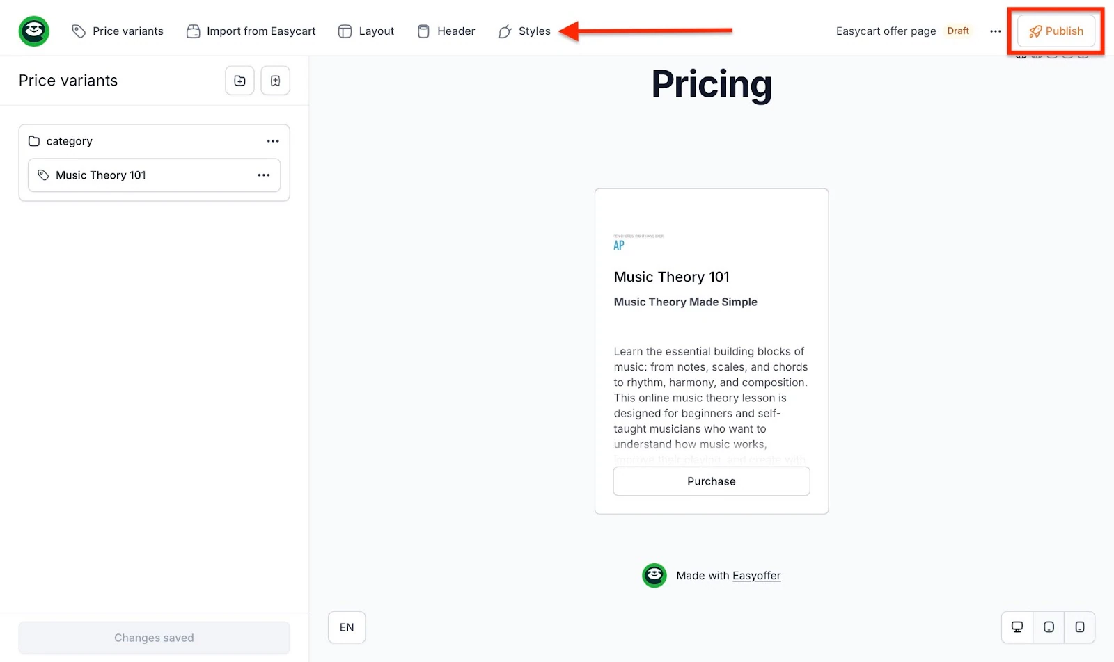 Customizing styles and publishing a price page