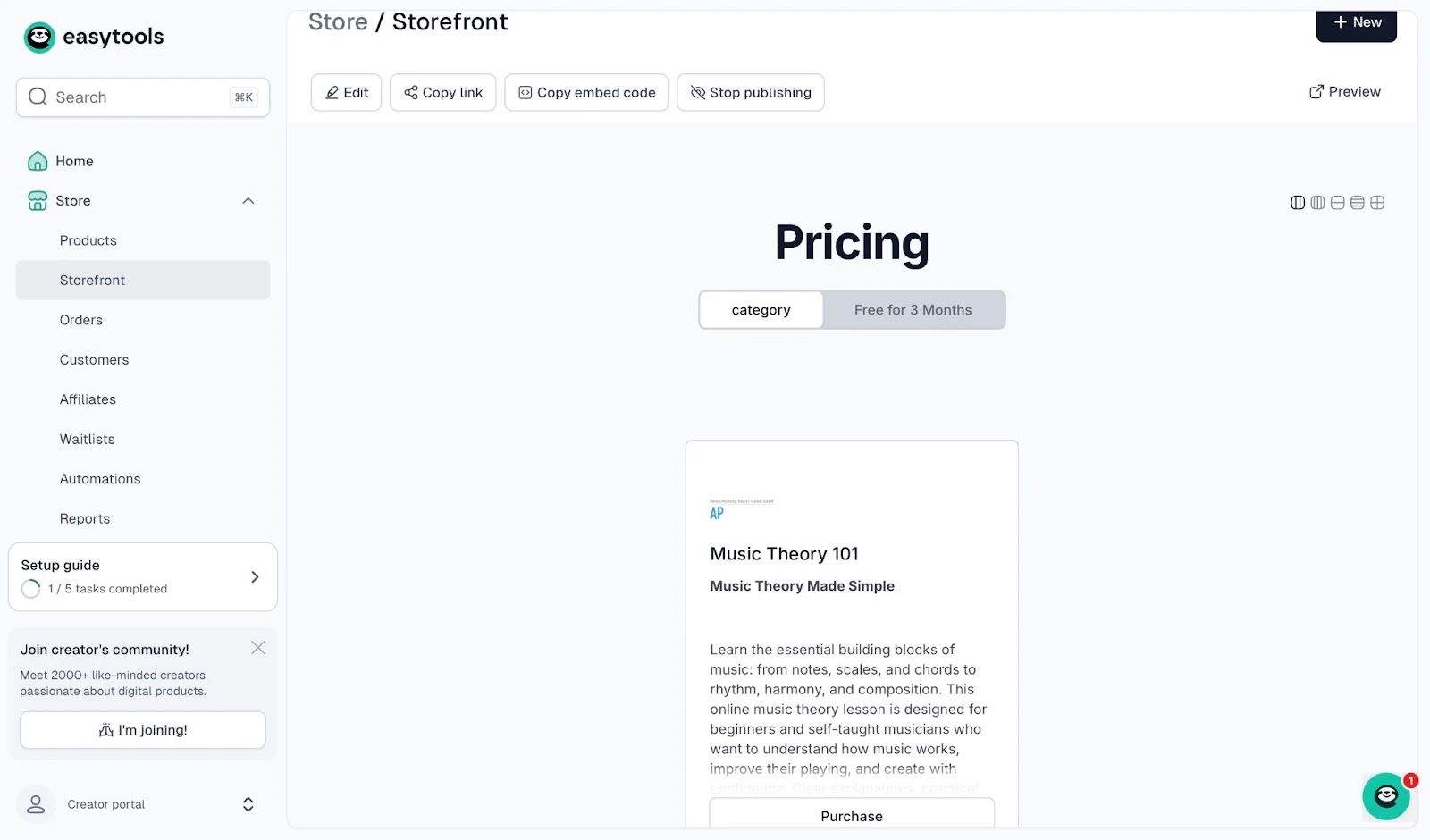 Online course platform storefront showing a pricing page