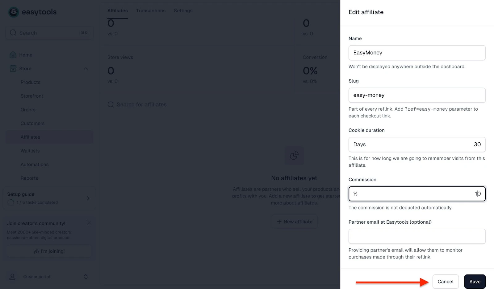 Settings to edit an affiliate partner