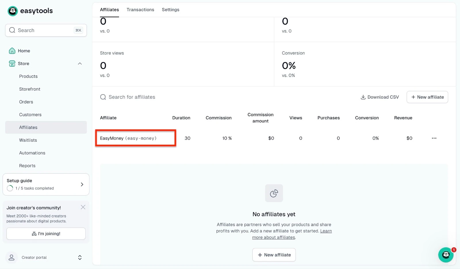 Overview of affiliate performance on Easytools
