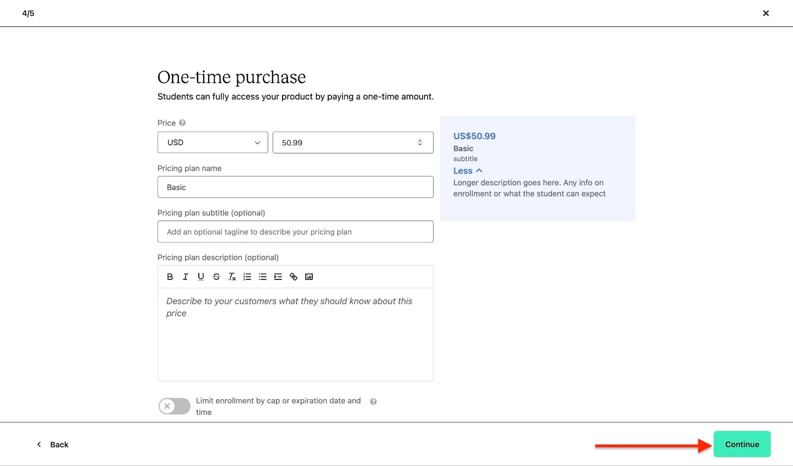 Setting one-time purchase price
