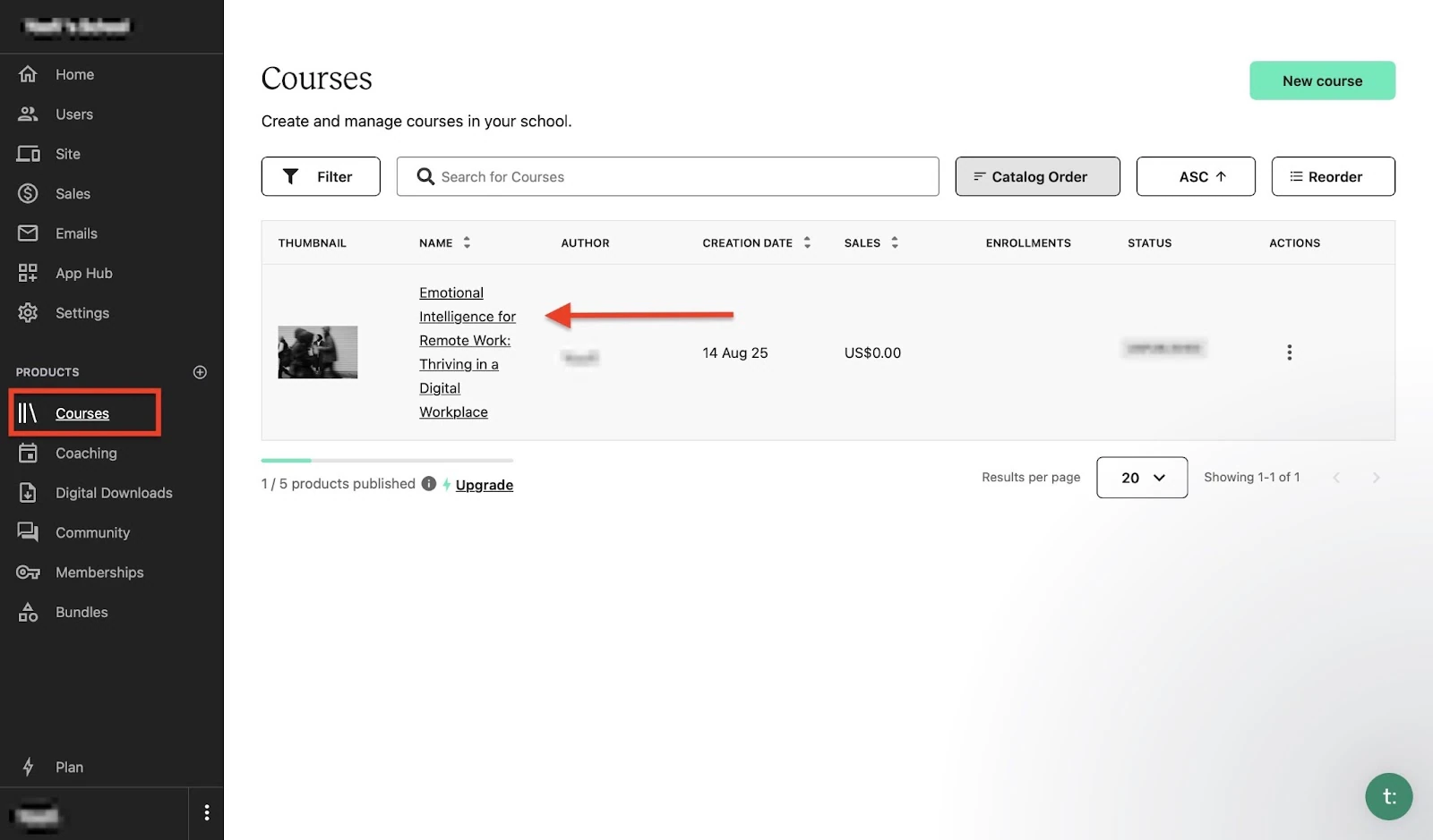 Dashboard view of courses created