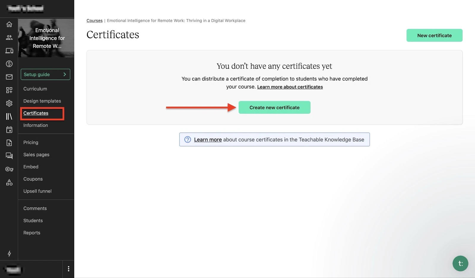Creating course certificate on Teachable