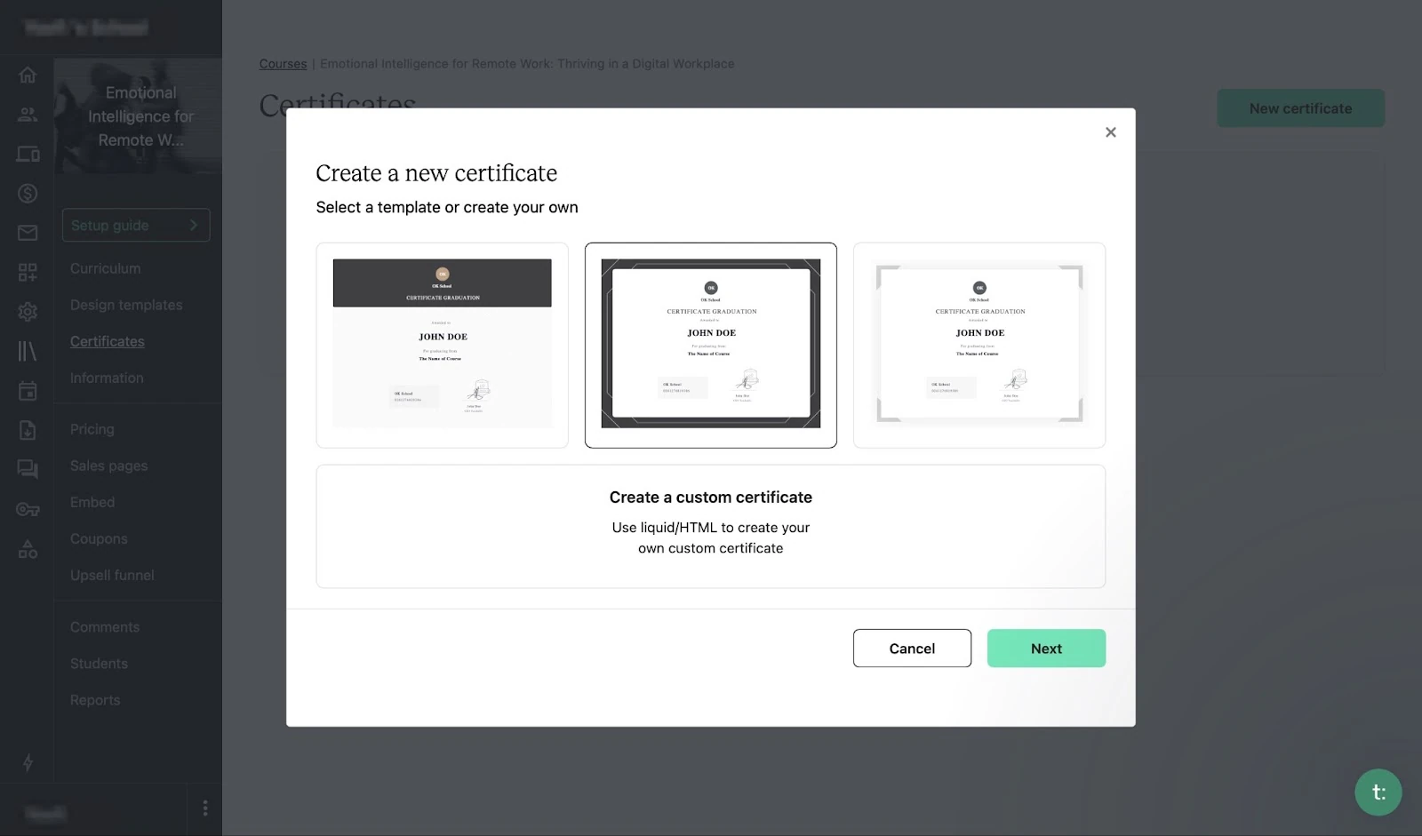 Designing new course certificates on Teachable