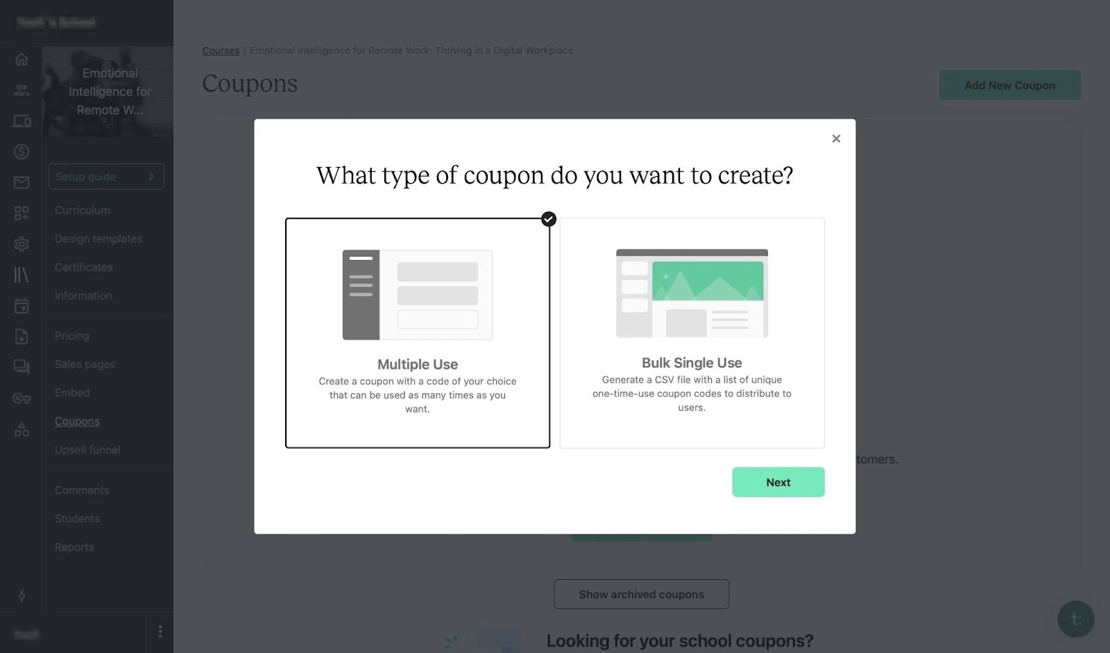 Creating a coupon code on Teachable