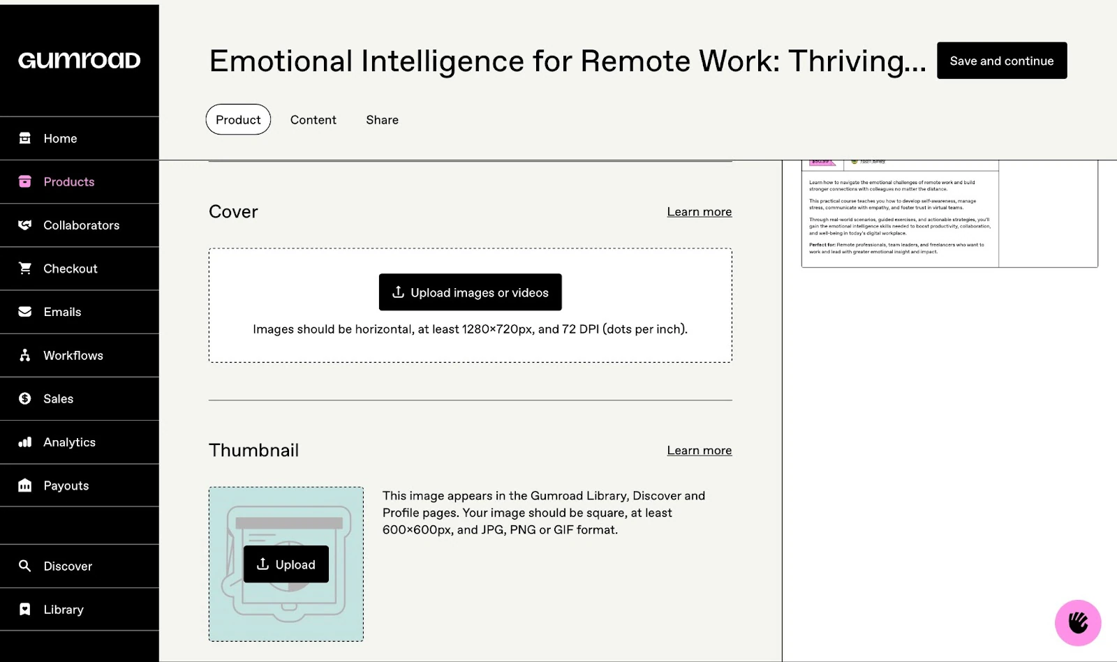 Dashboard for uploading product cover and thumbnail images.