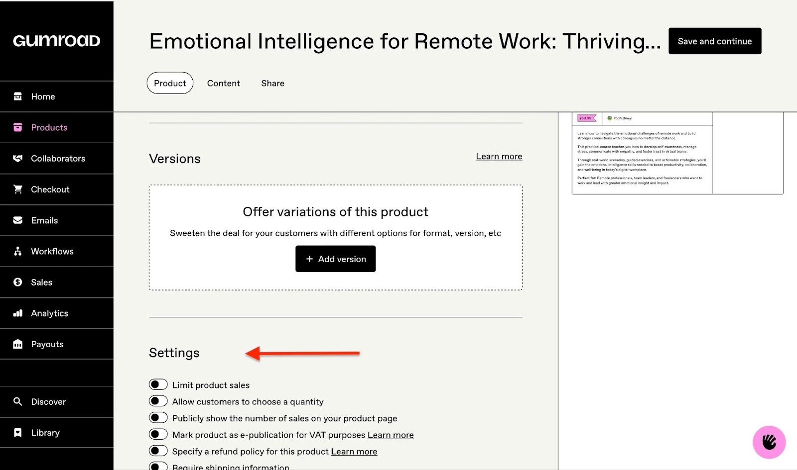 Dashboard showing settings and product versions.