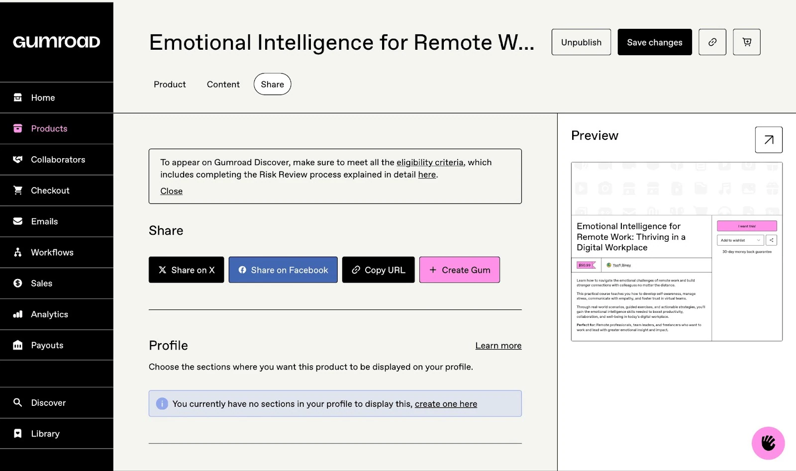 Product sharing and preview on Gumroad