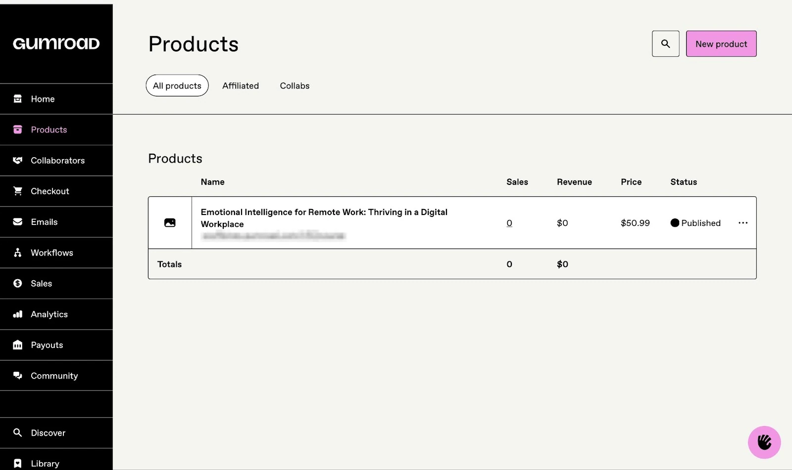 Gumroad product dashboard showing a published product