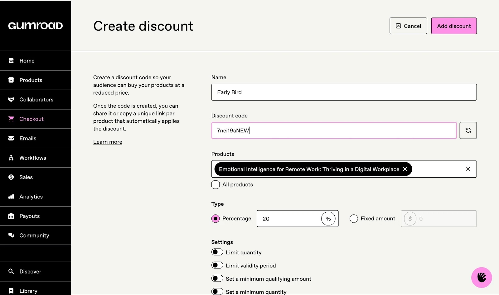 Discount creation page for an online course.