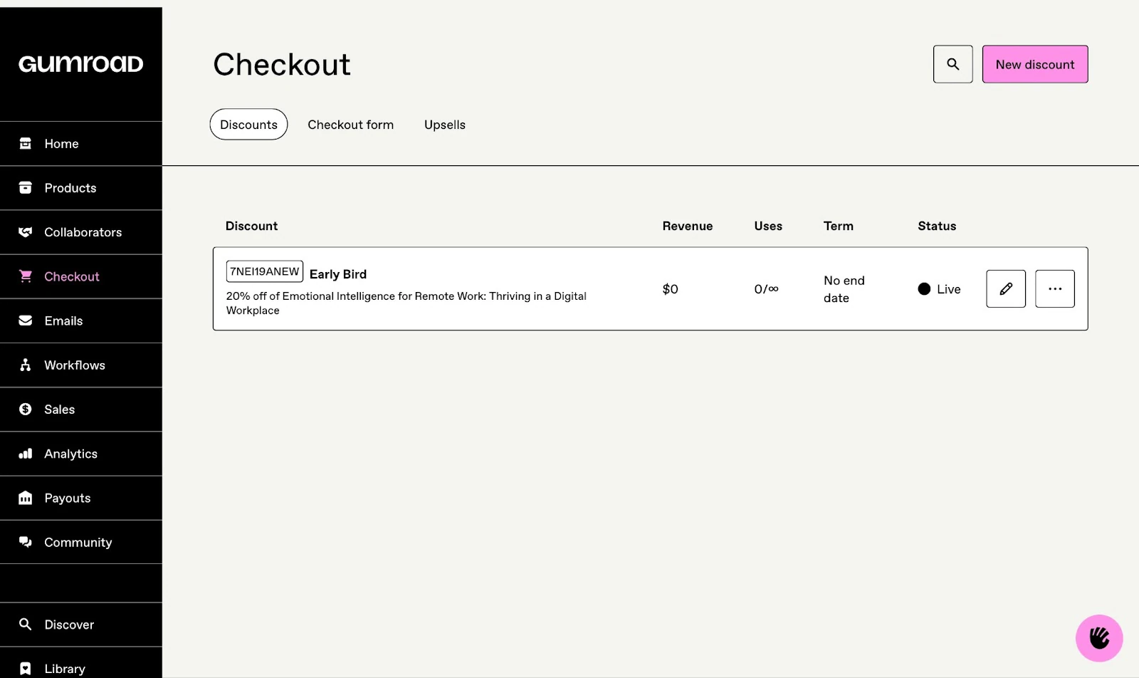 Discount created for a product on Gumroad