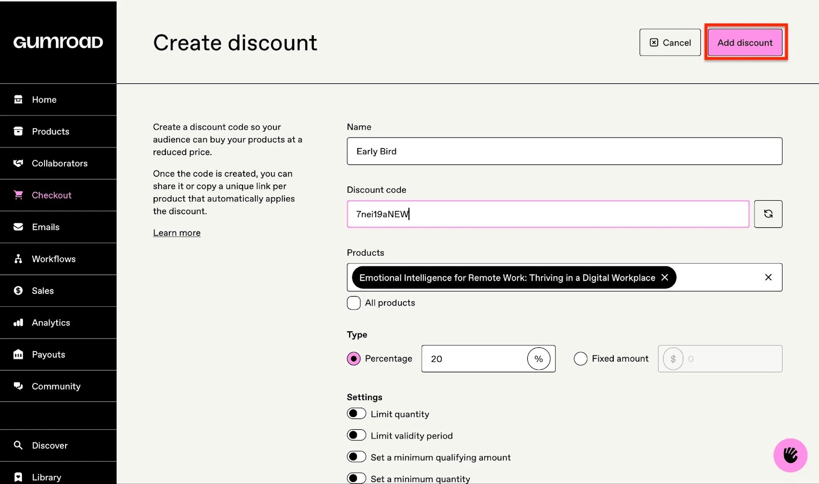 Settings to create a new discount