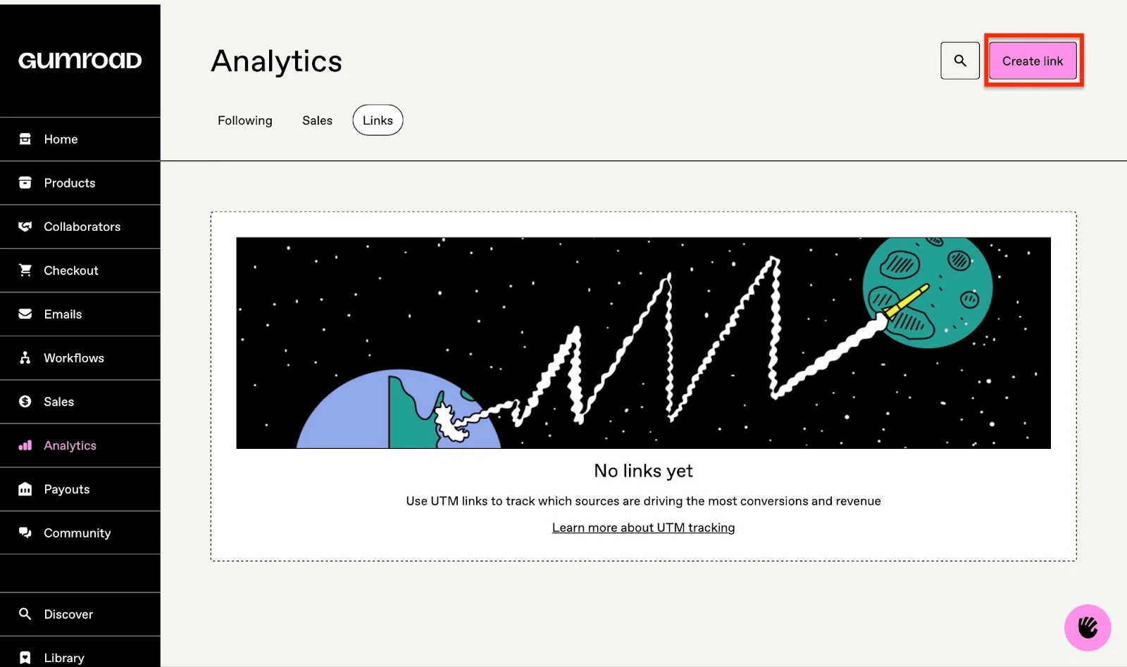 Analytics tab for tracking links and sales