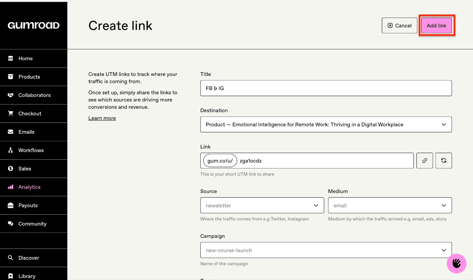 Gumroad: analytics showing “Add link”