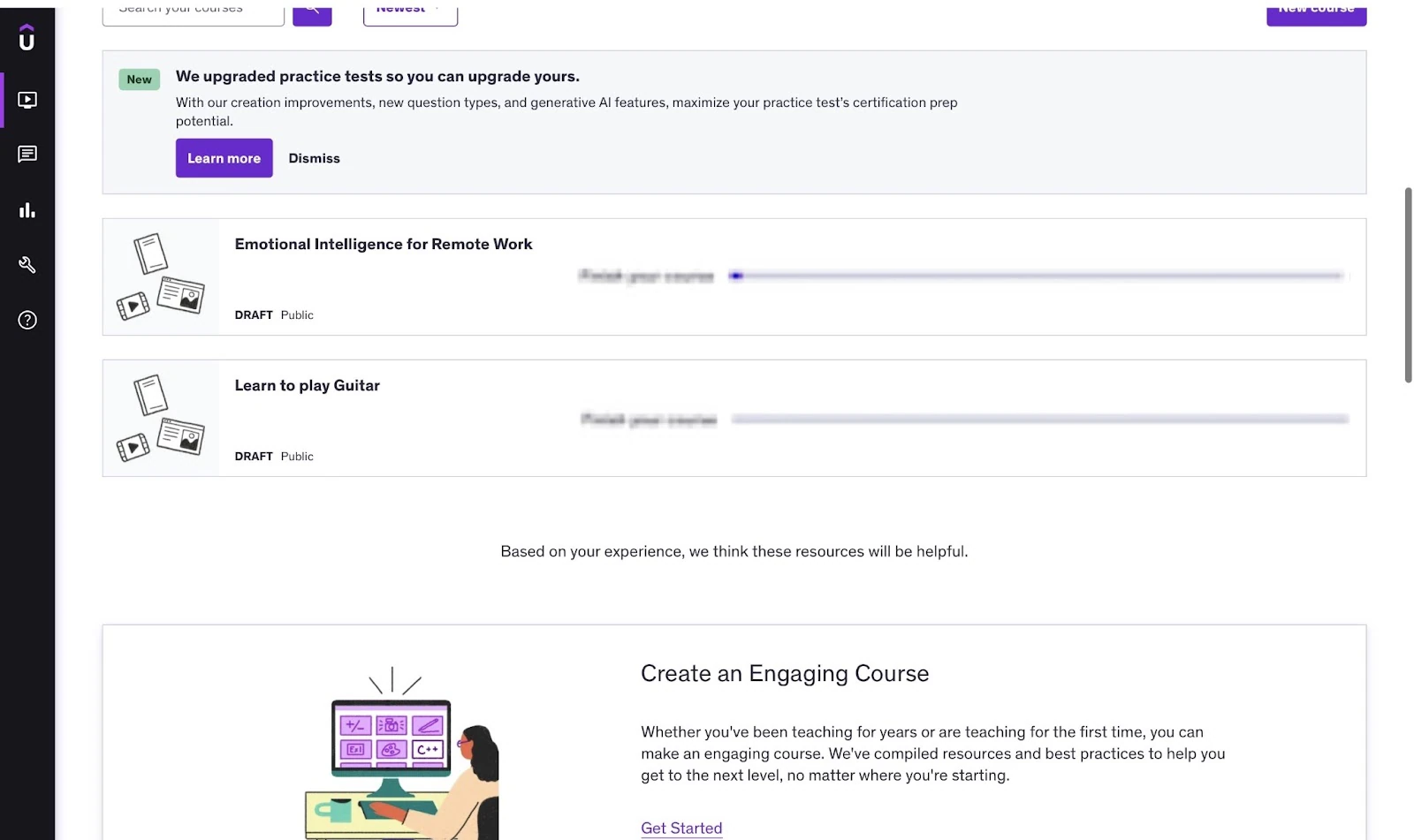 Teachable dashboard with draft courses