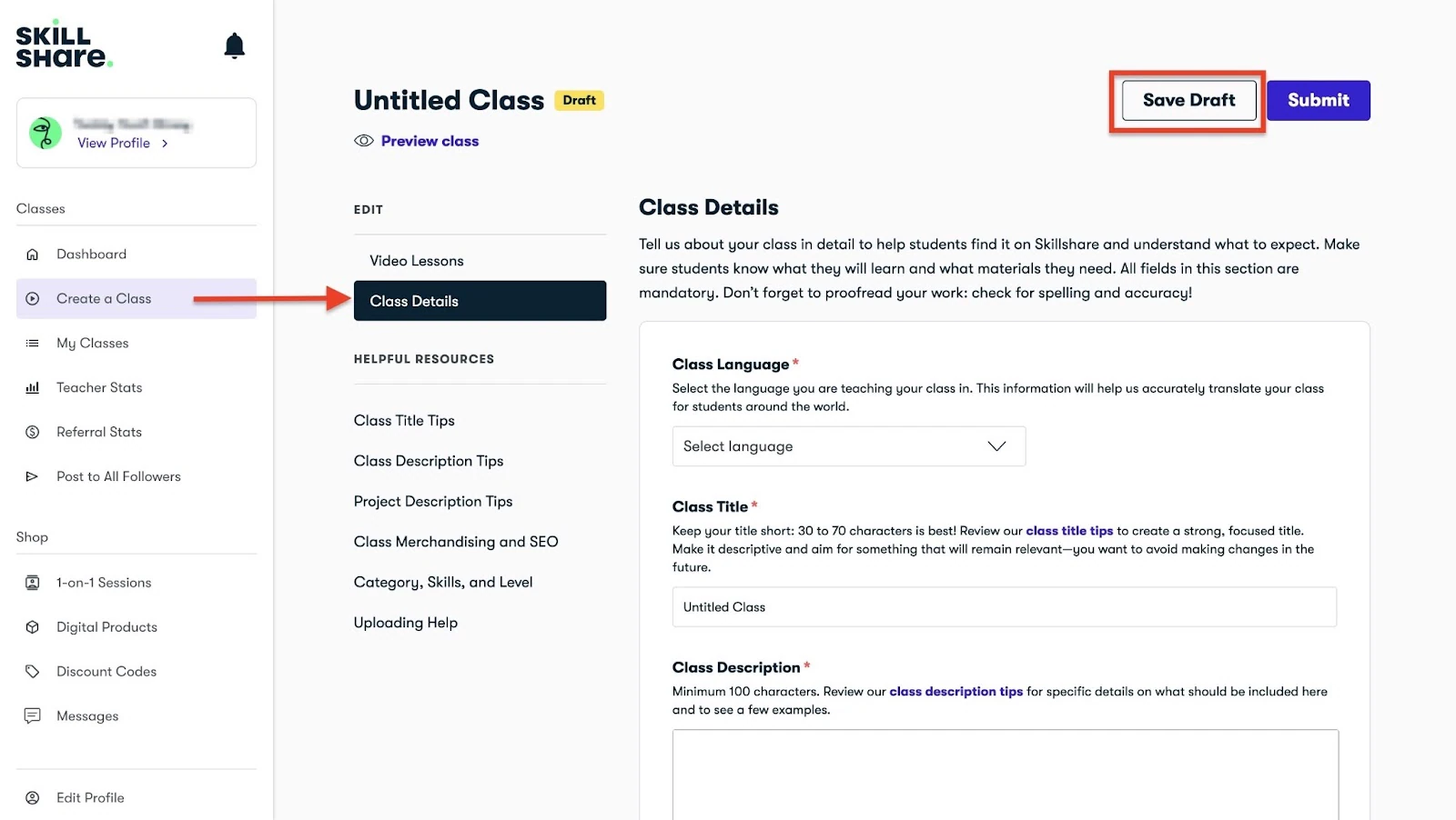 Filling in class details for an online course