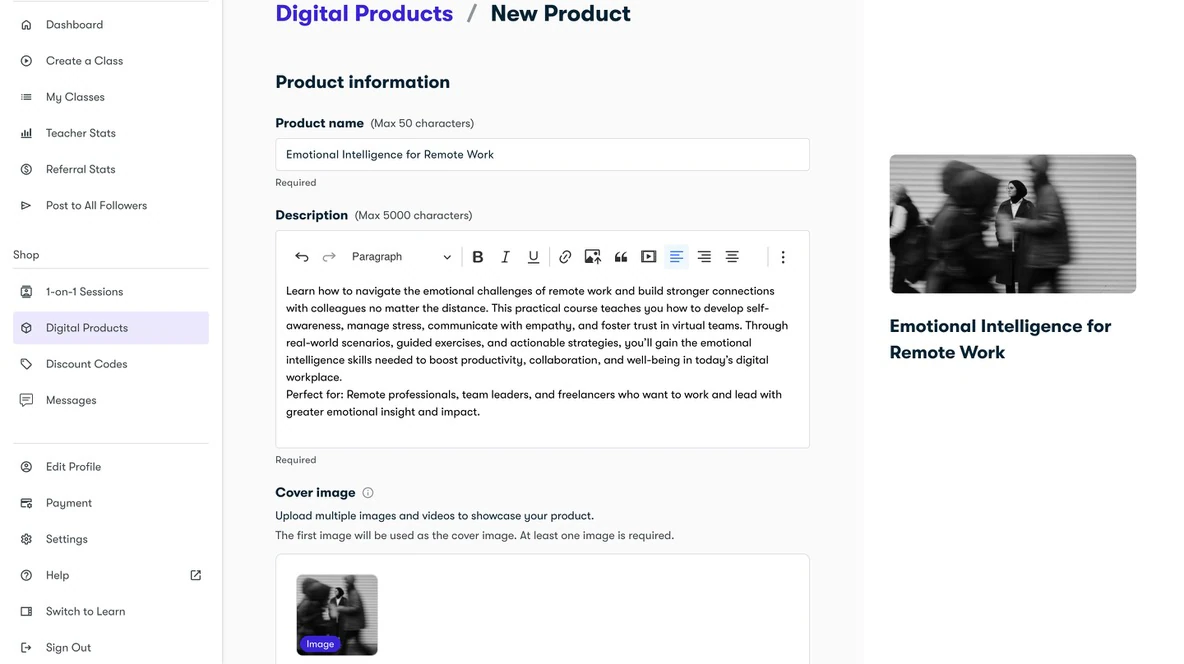 Editing digital product information on Skillshare.