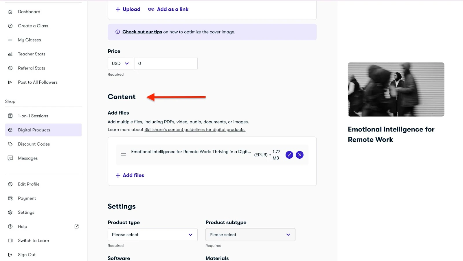 Adding content to Skillshare digital product.