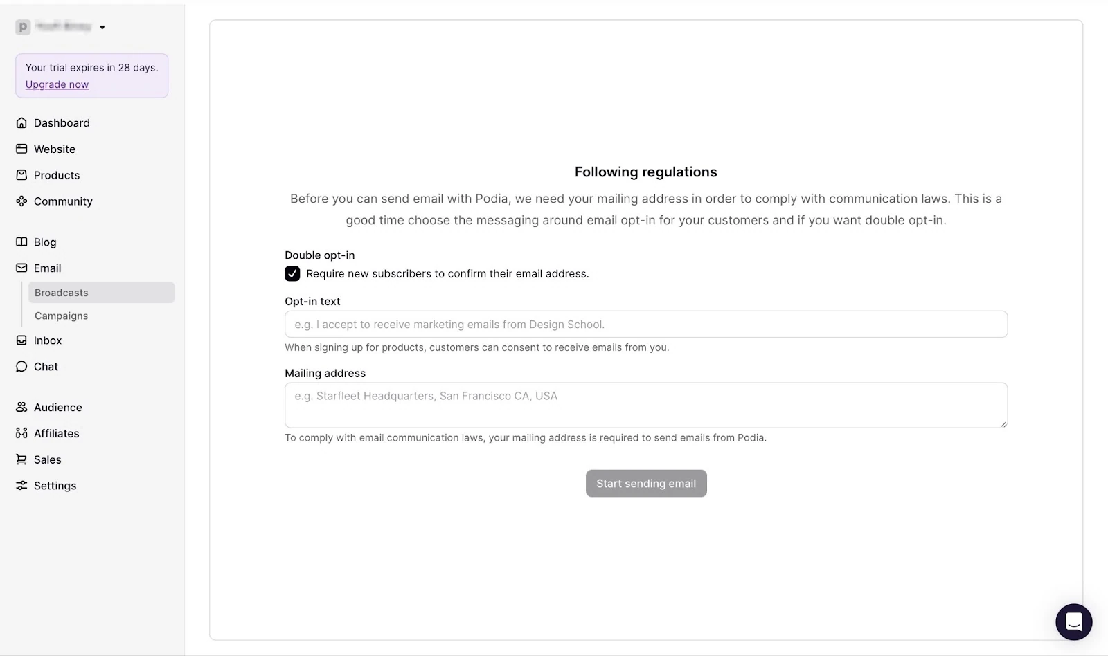 Email settings screen for one of the best online platforms.