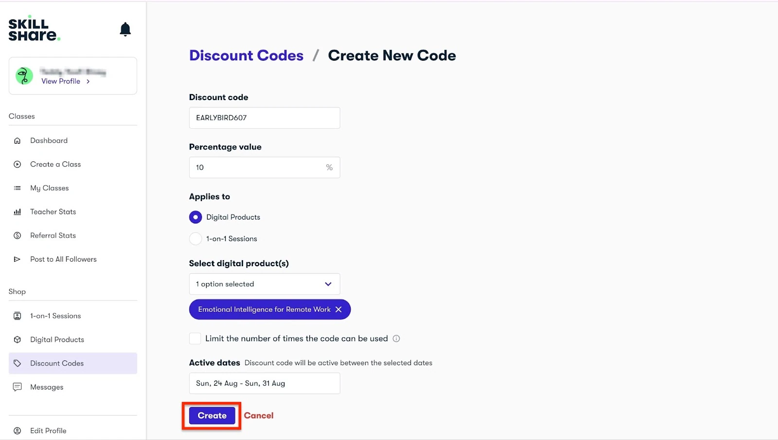 Creating a discount code on Skillshare