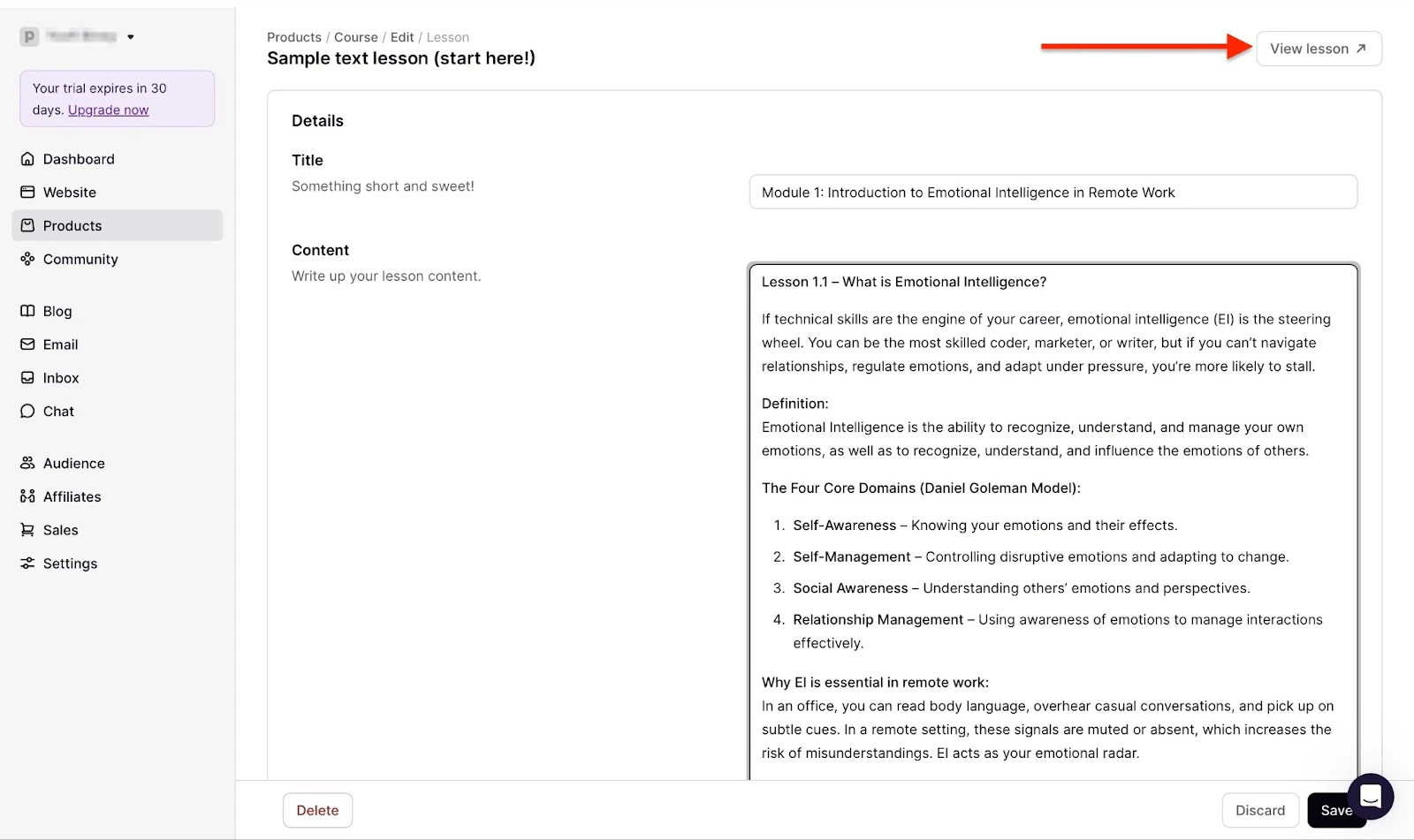 Editing a lesson within one of the best online platforms