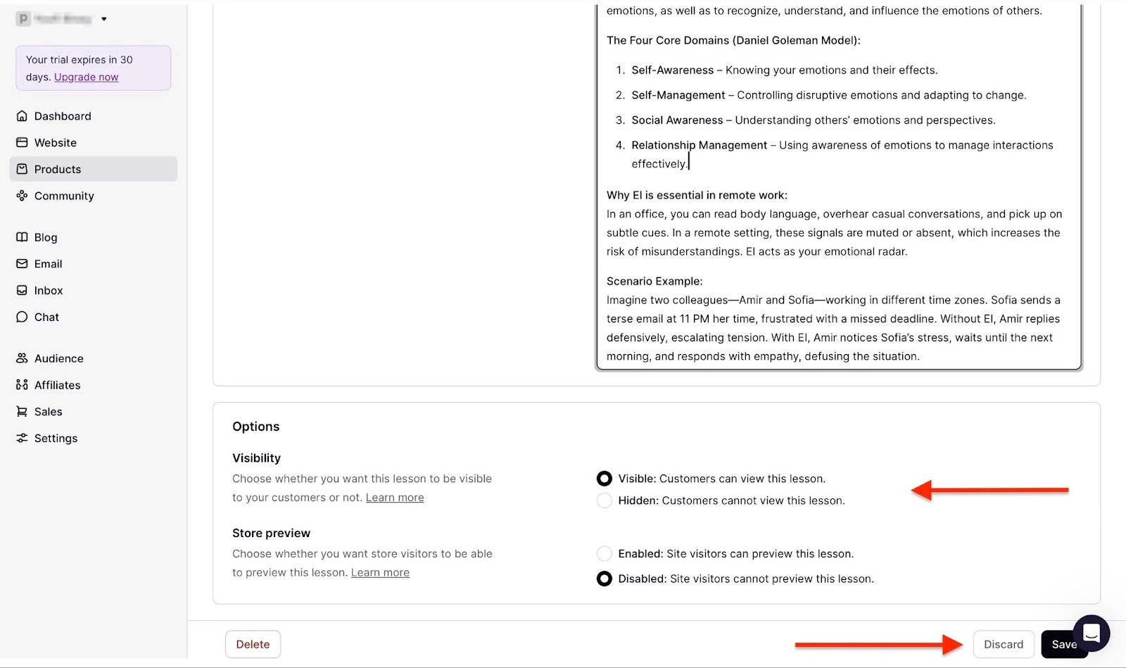 Editing visibility and saving a lesson