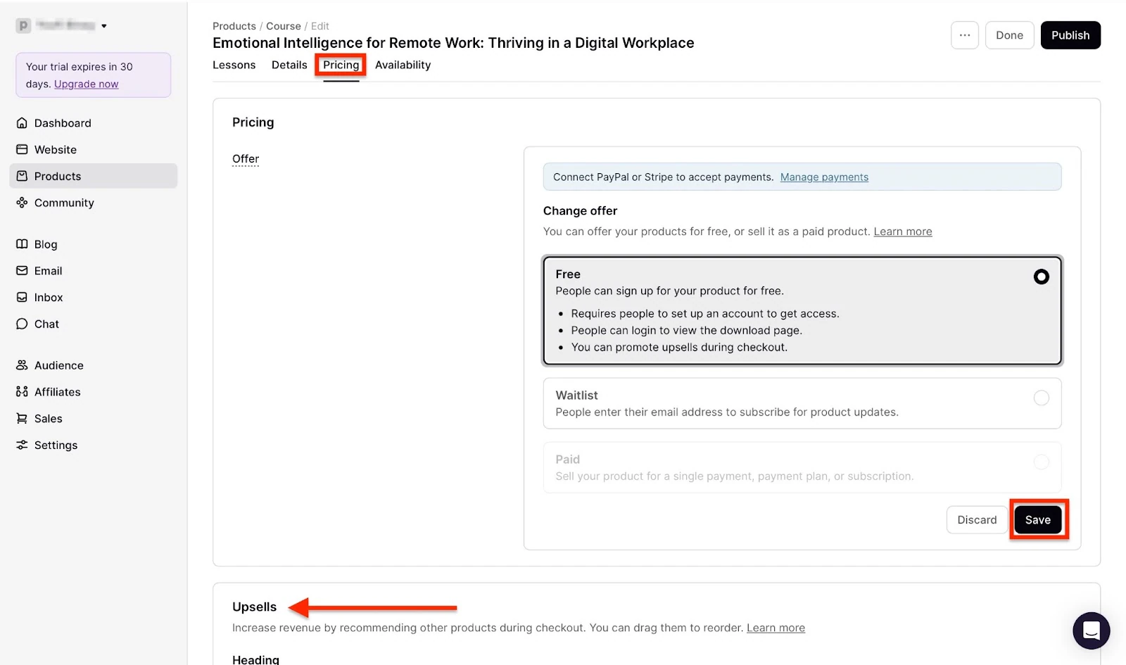 Editing pricing and upsells in Podia