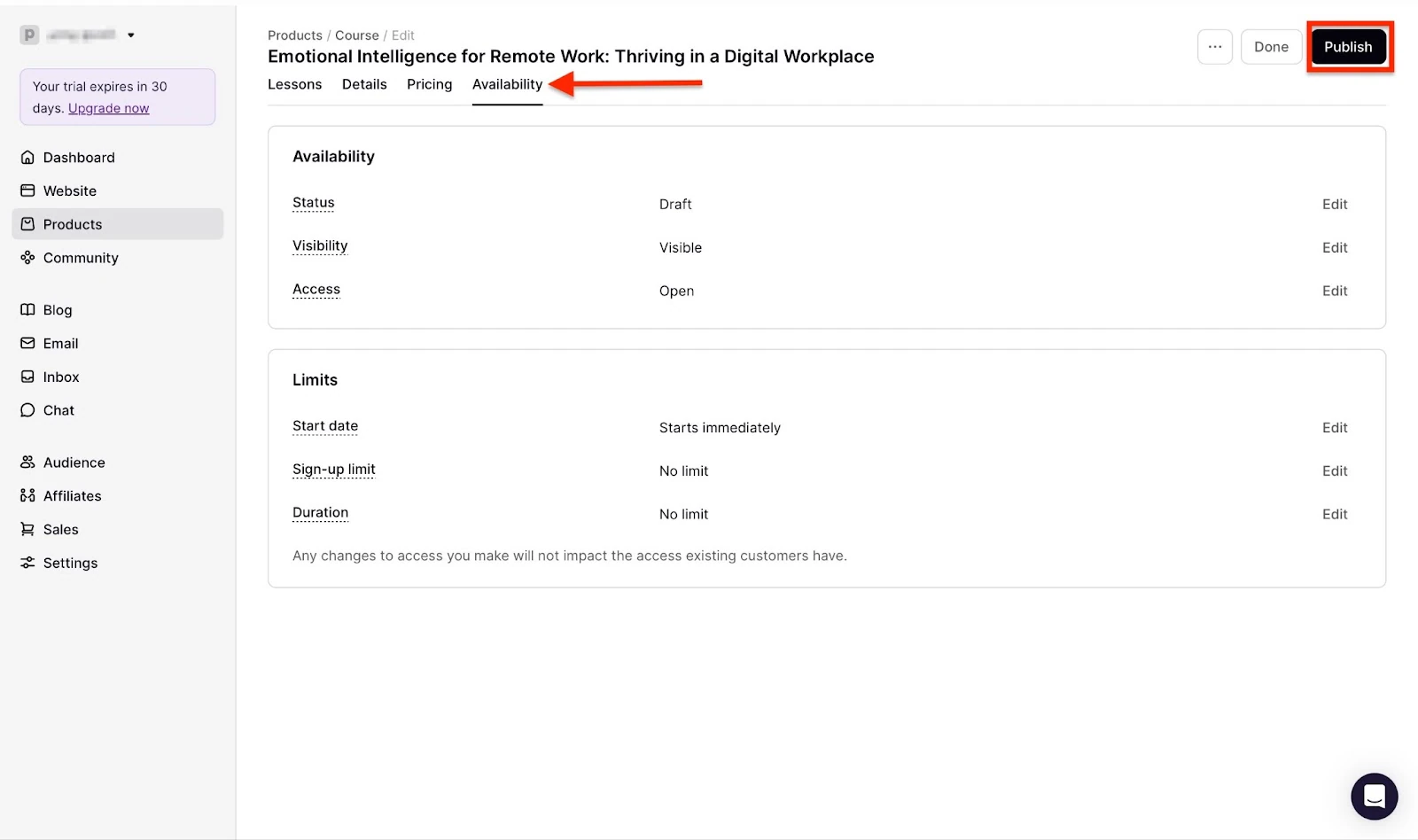 Podia availability and publish buttons