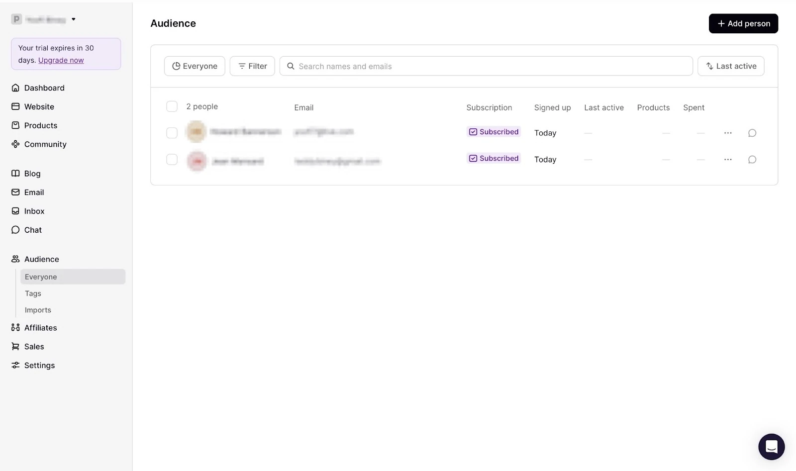 Audience list with two subcribed members