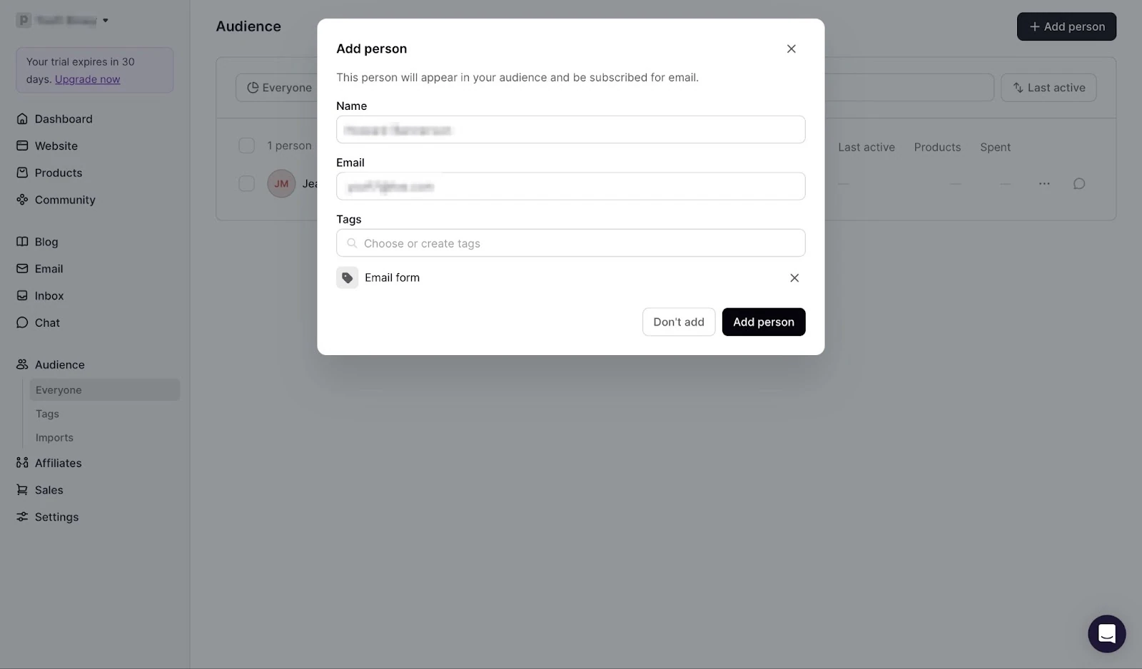 An overlay for adding a person is displayed