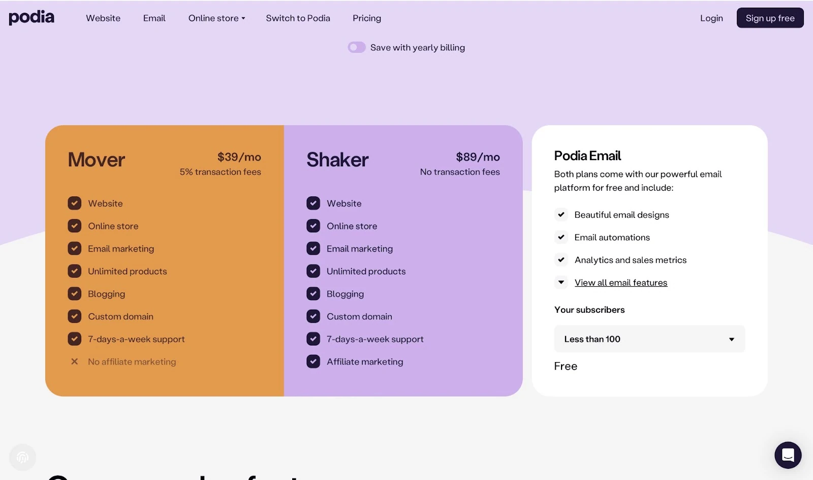 Pricing plan on Podia
