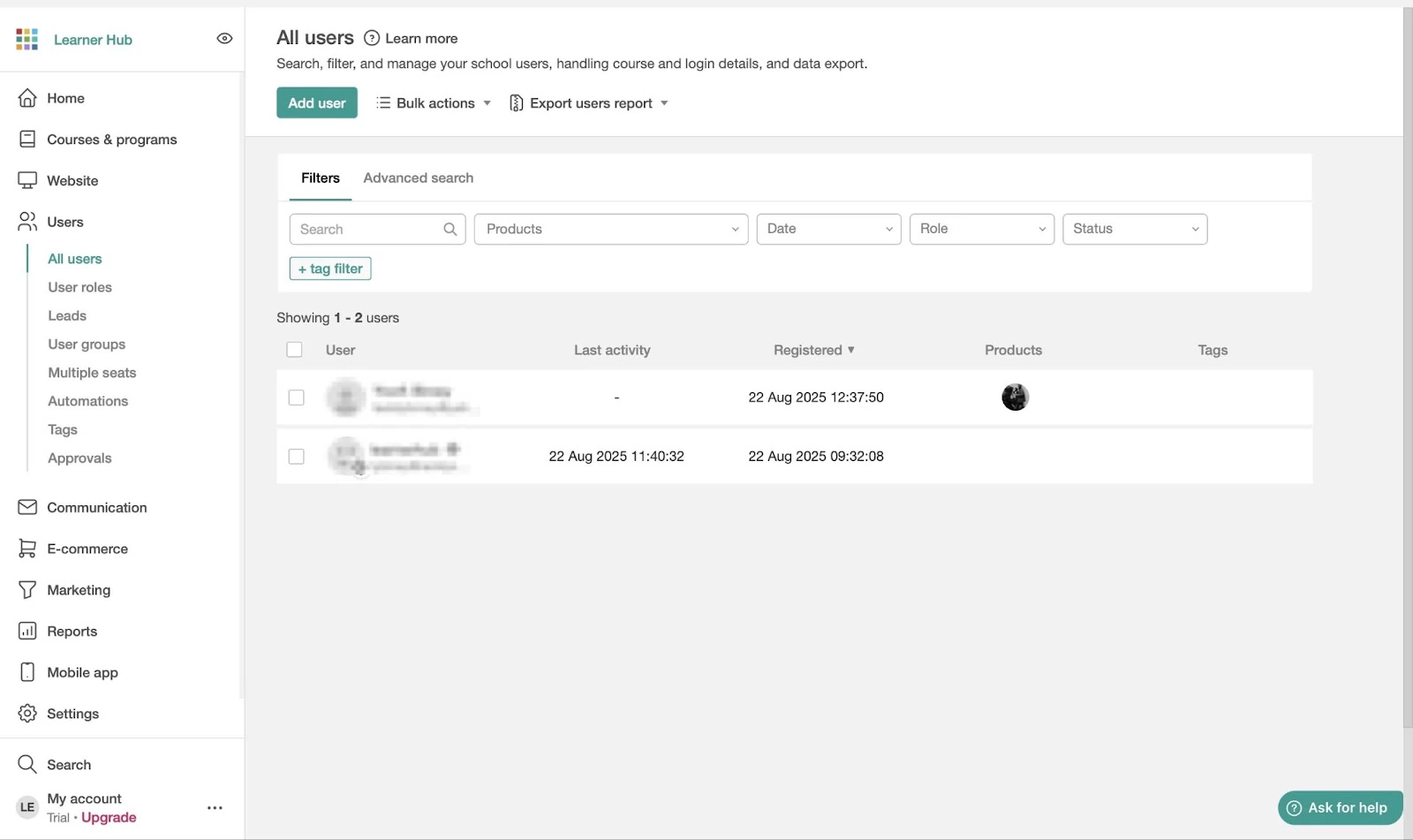 Users dashboard showing a list of users