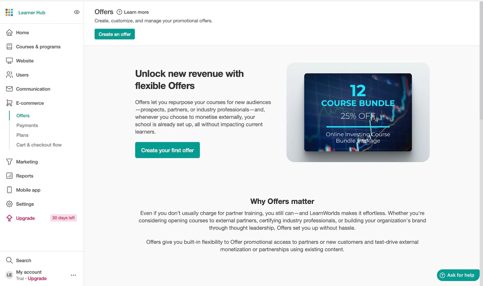 Affiliate program performance report for an online course platform