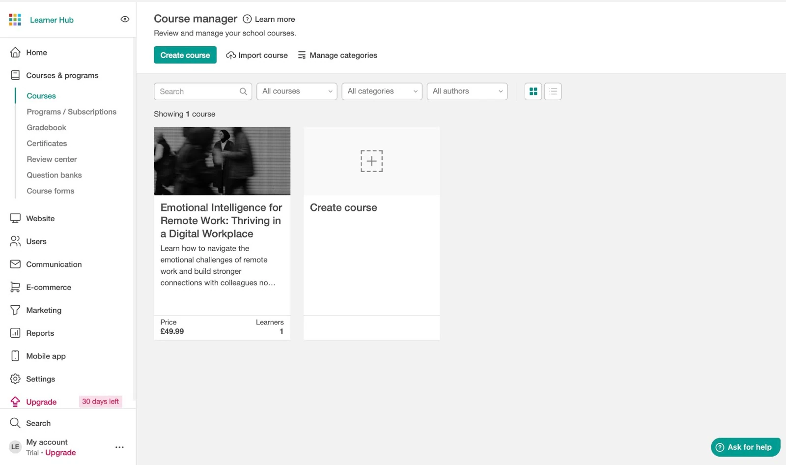 Dashboard to manage courses and create new ones