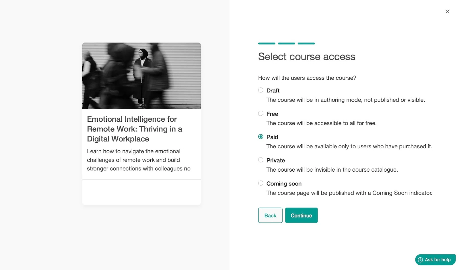 Selecting course access settings in Learnworlds.