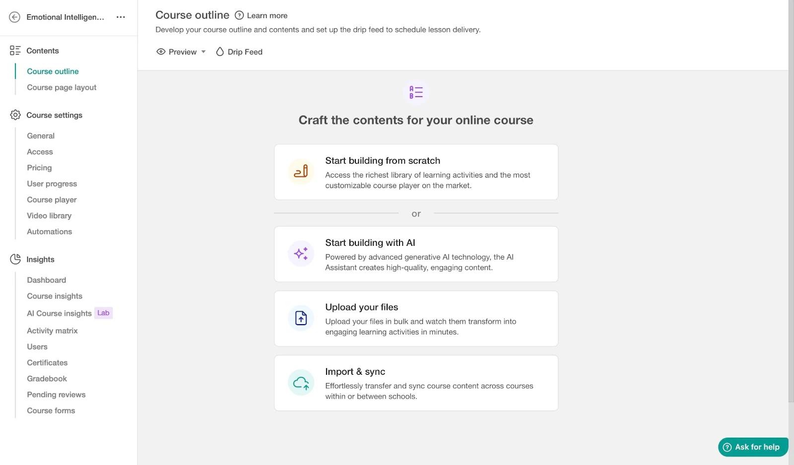 Online course platform content creation options