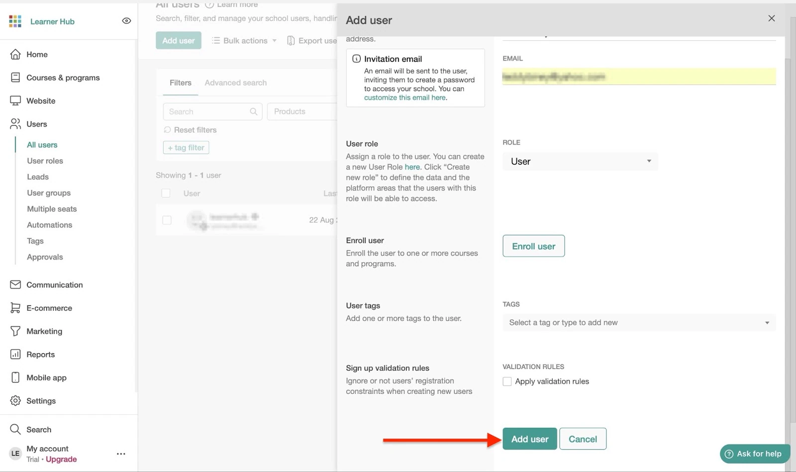 Creating a new user on a platform