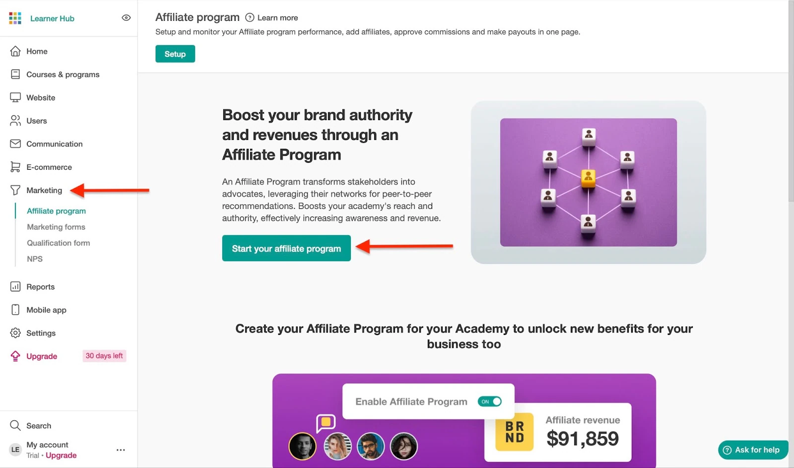 Learnworlds affiliate program setup