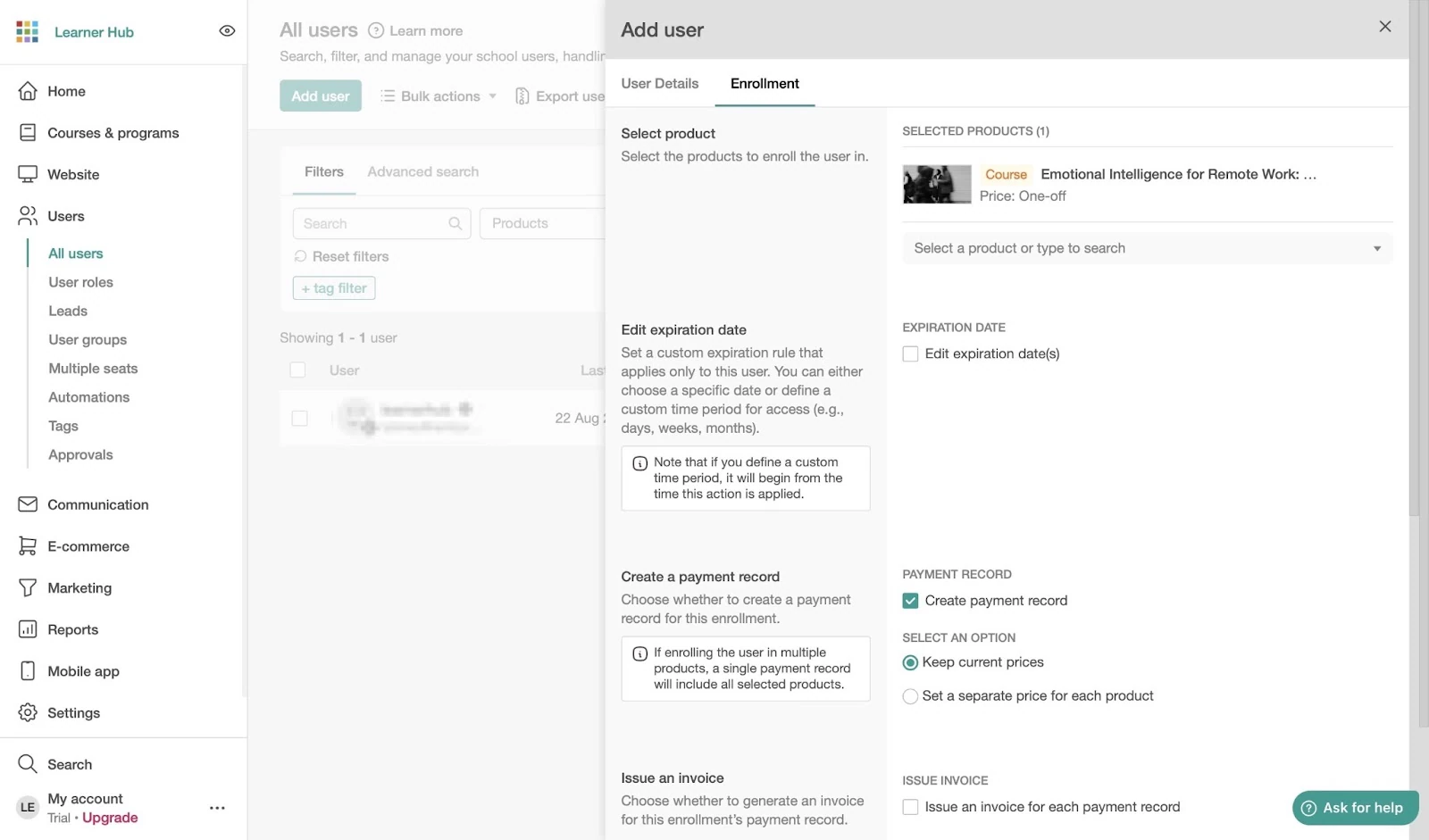 Section an online course platform