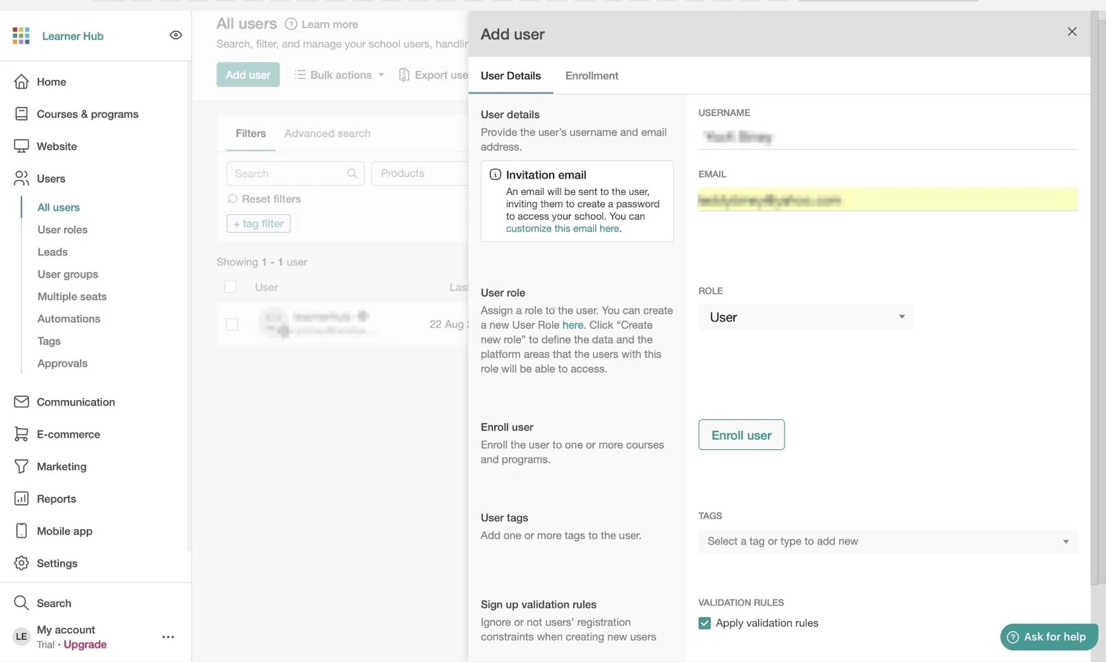 Creating a new user on a platform