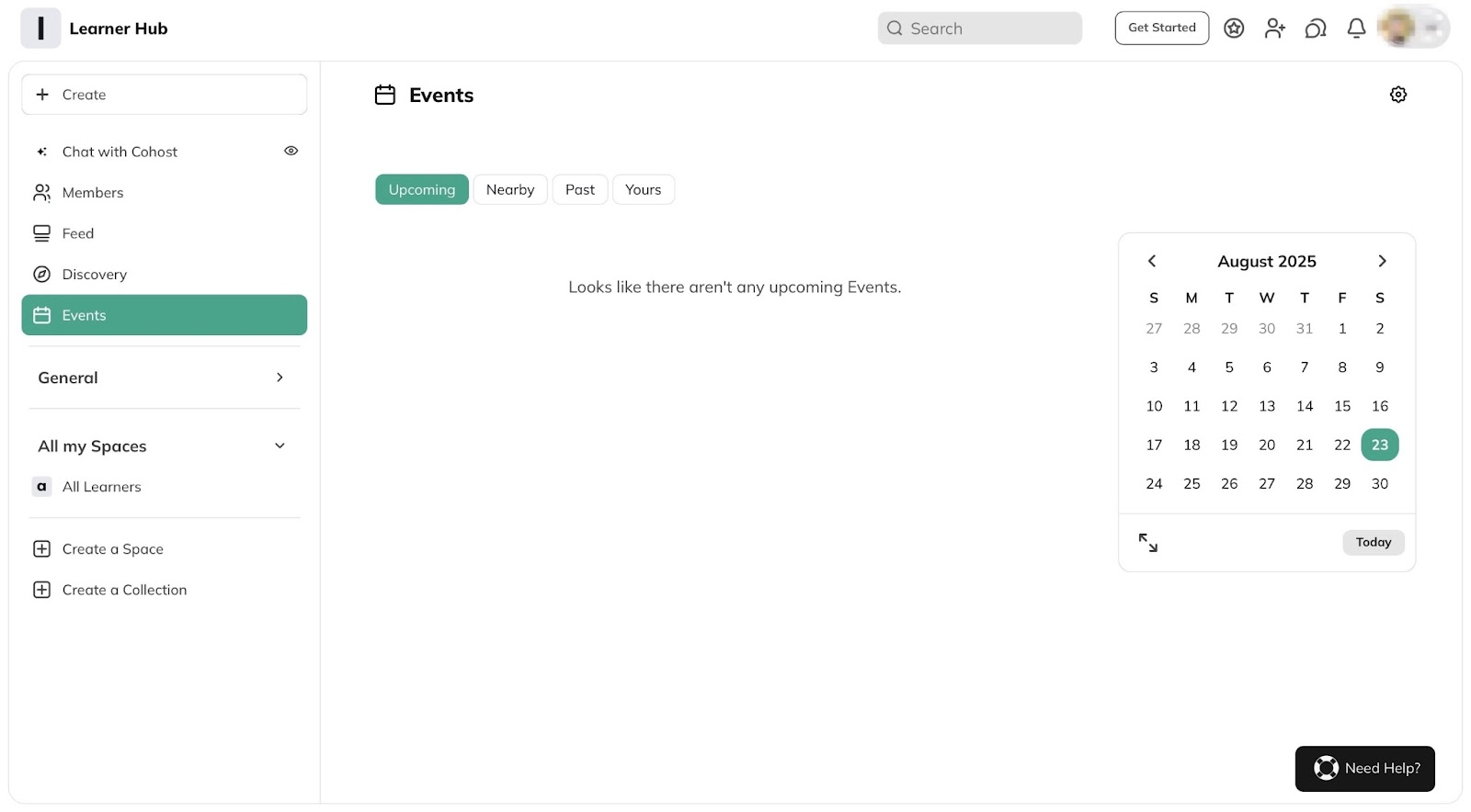 Events page with an interactive calendar