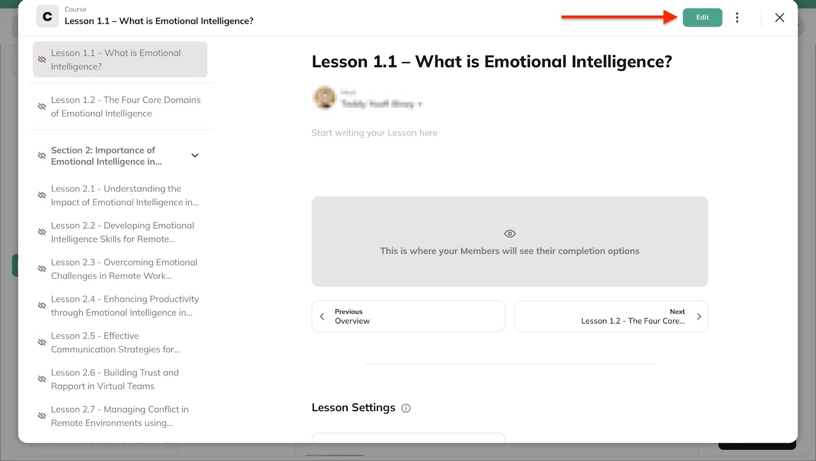 A lesson page's ''Edit'' button is highlighted