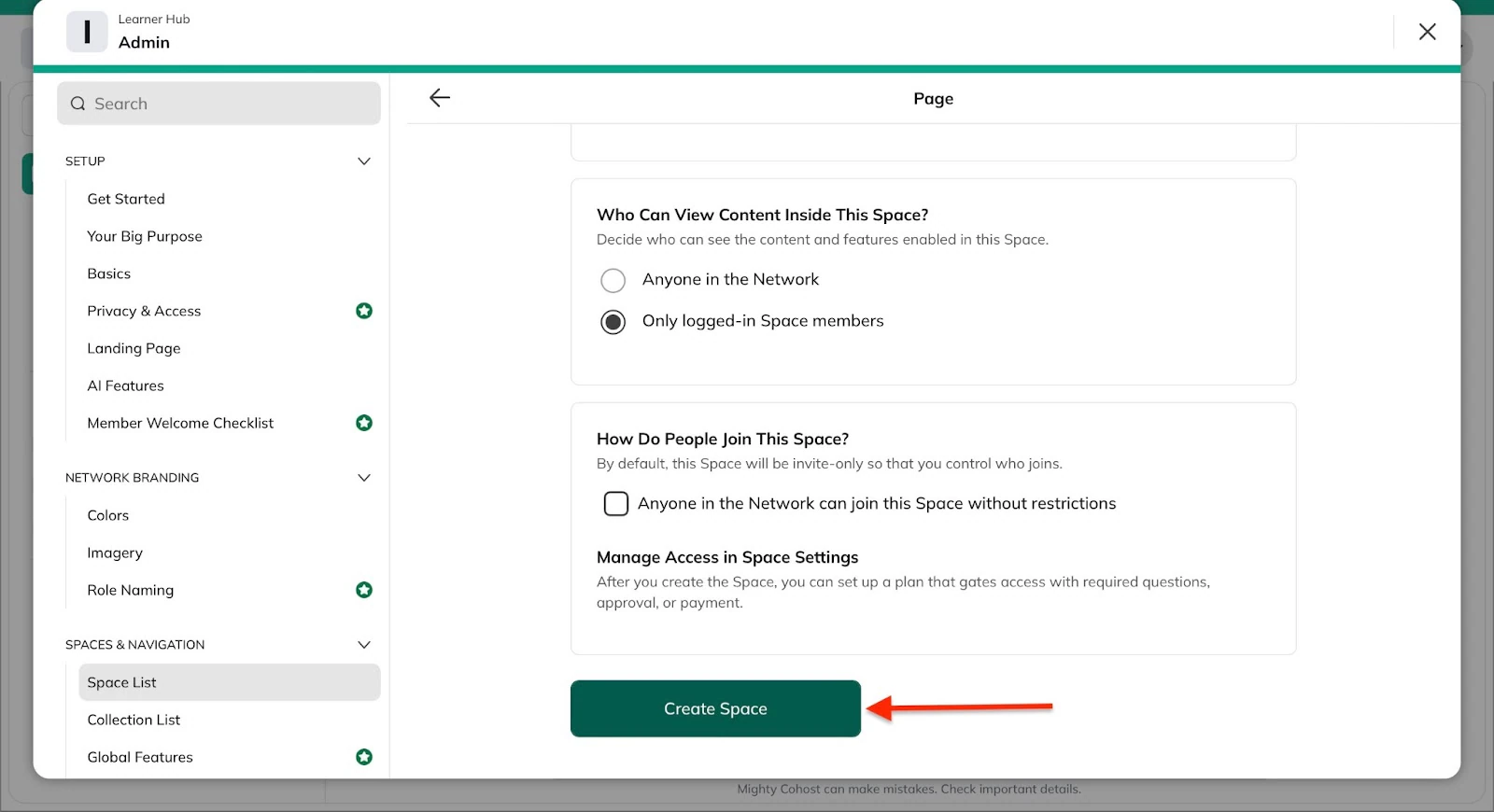 User clicking the create space button