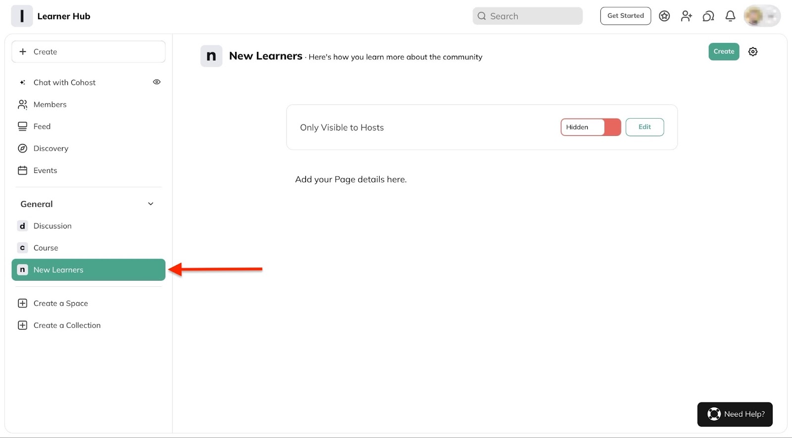 New learners space is highlighted