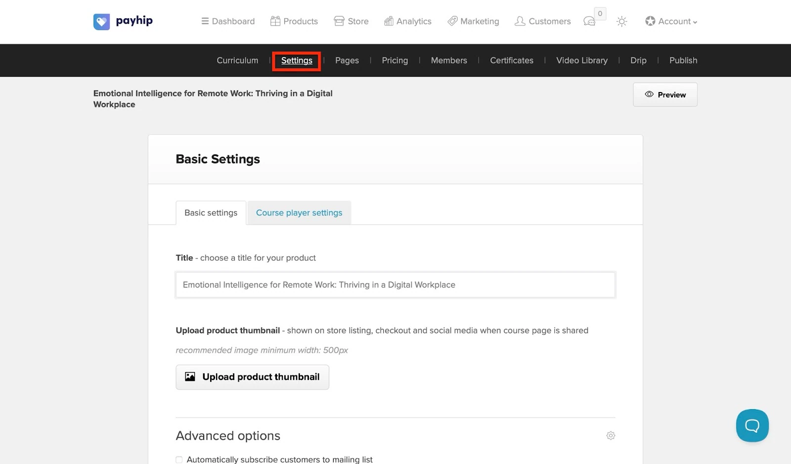 Course settings page