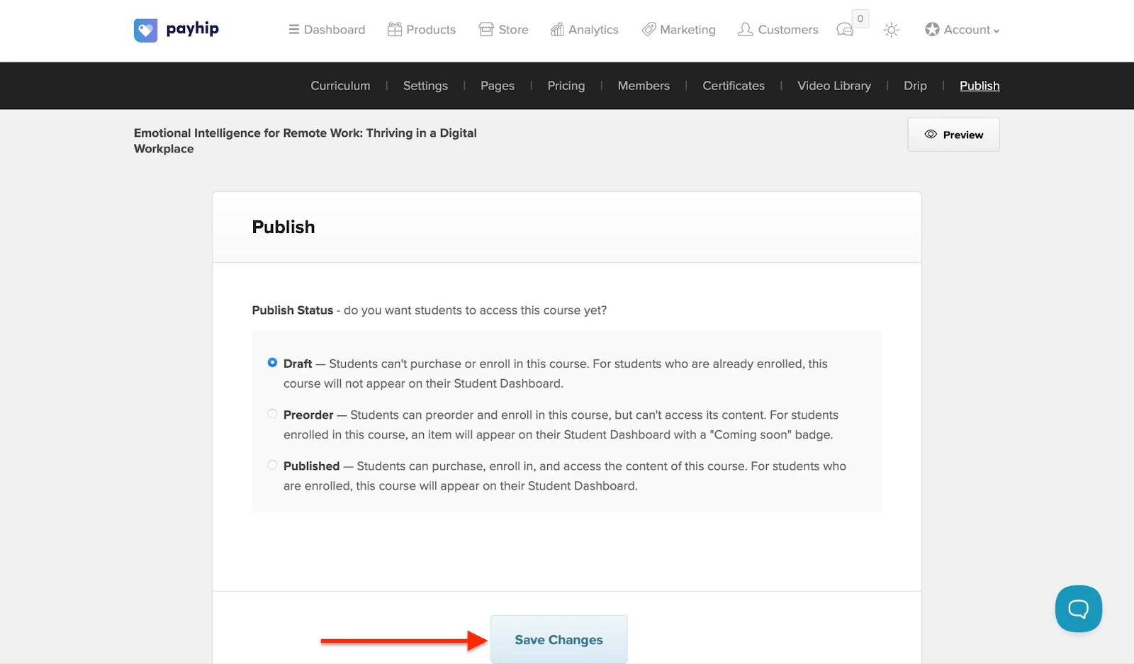 Saving changes before publishing your course in Payhip.