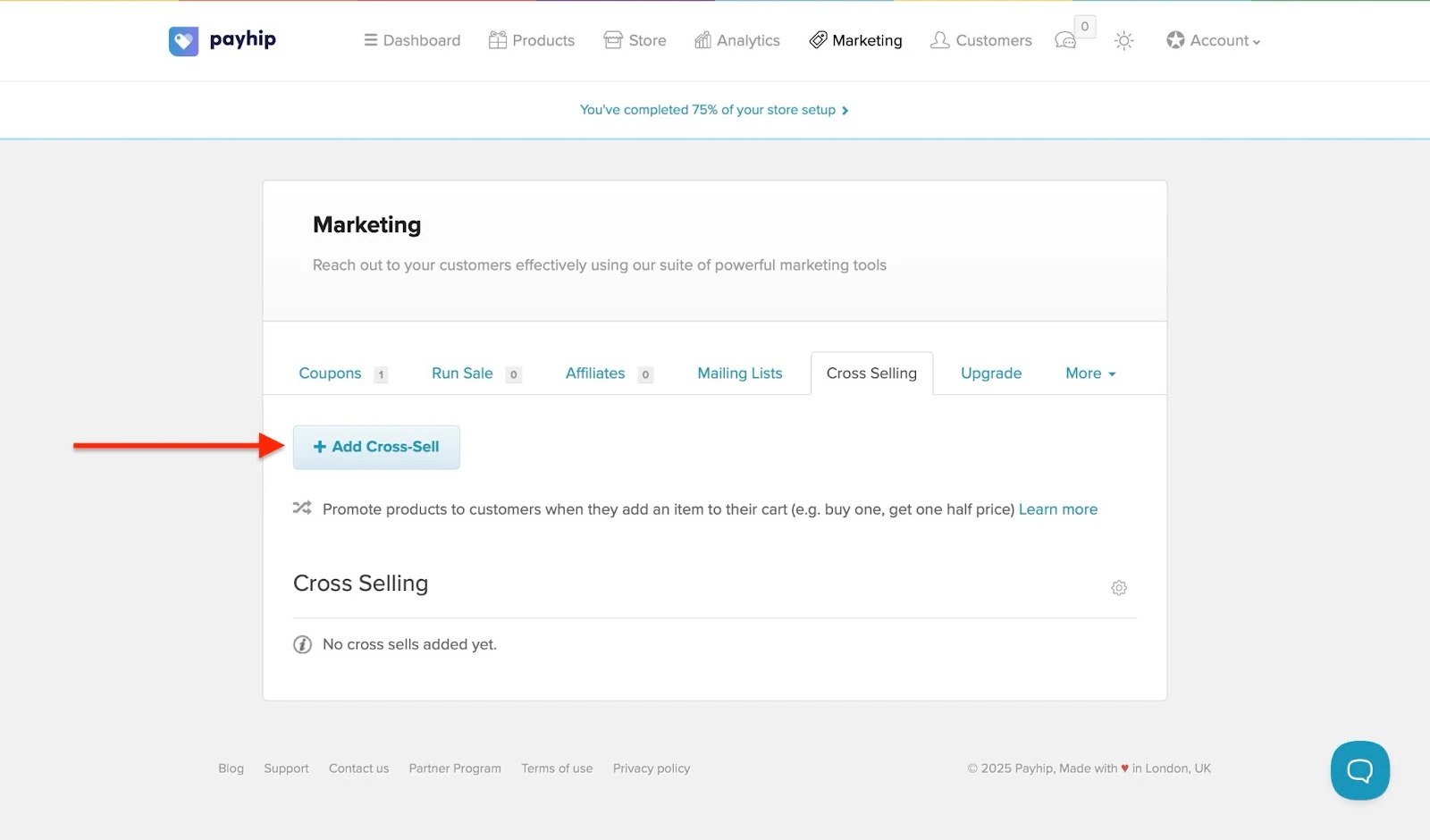 Payhip: marketing showing “+ Add Cross-Sell”